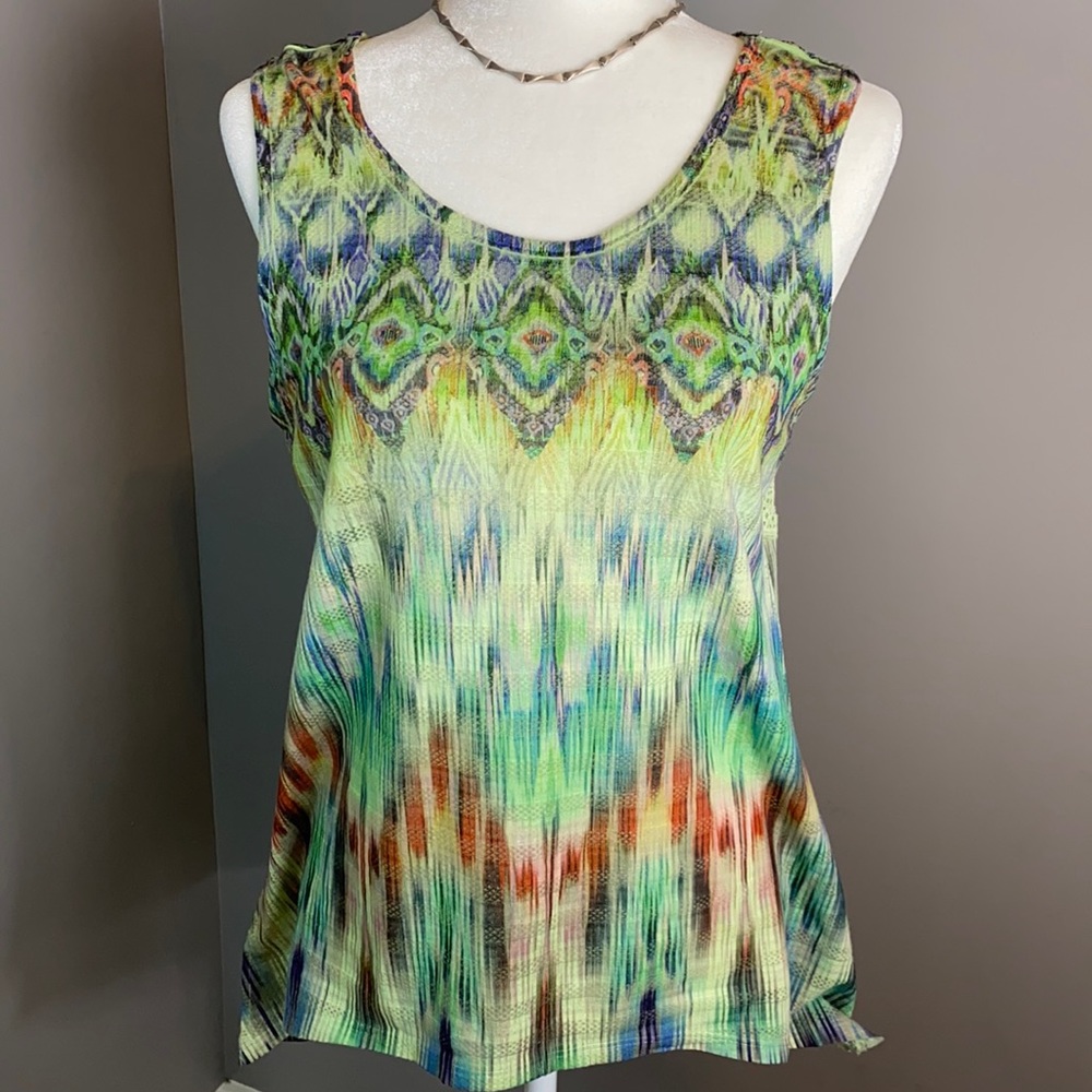 One World Watercolor Crochet Trim Back Tank  SZ S